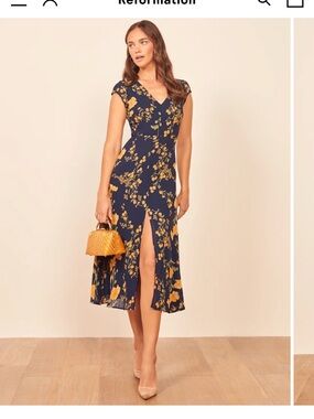 Reformation Navy and Gold Floral V-Neck Midi Dress with Front Slit